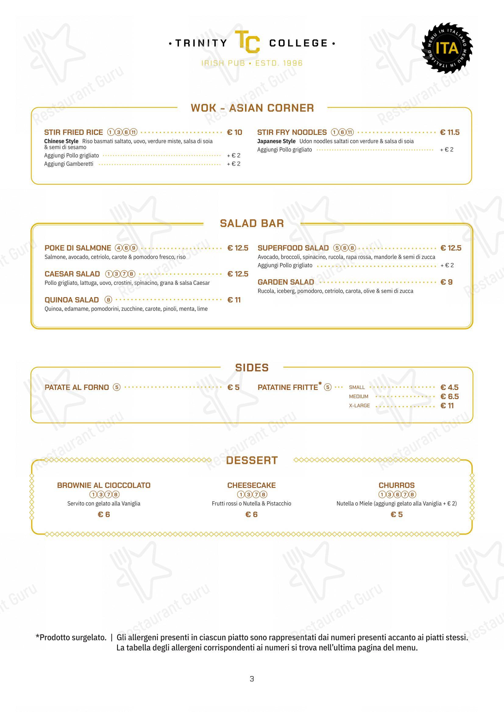 Menu per Trinity College Pub in Roma