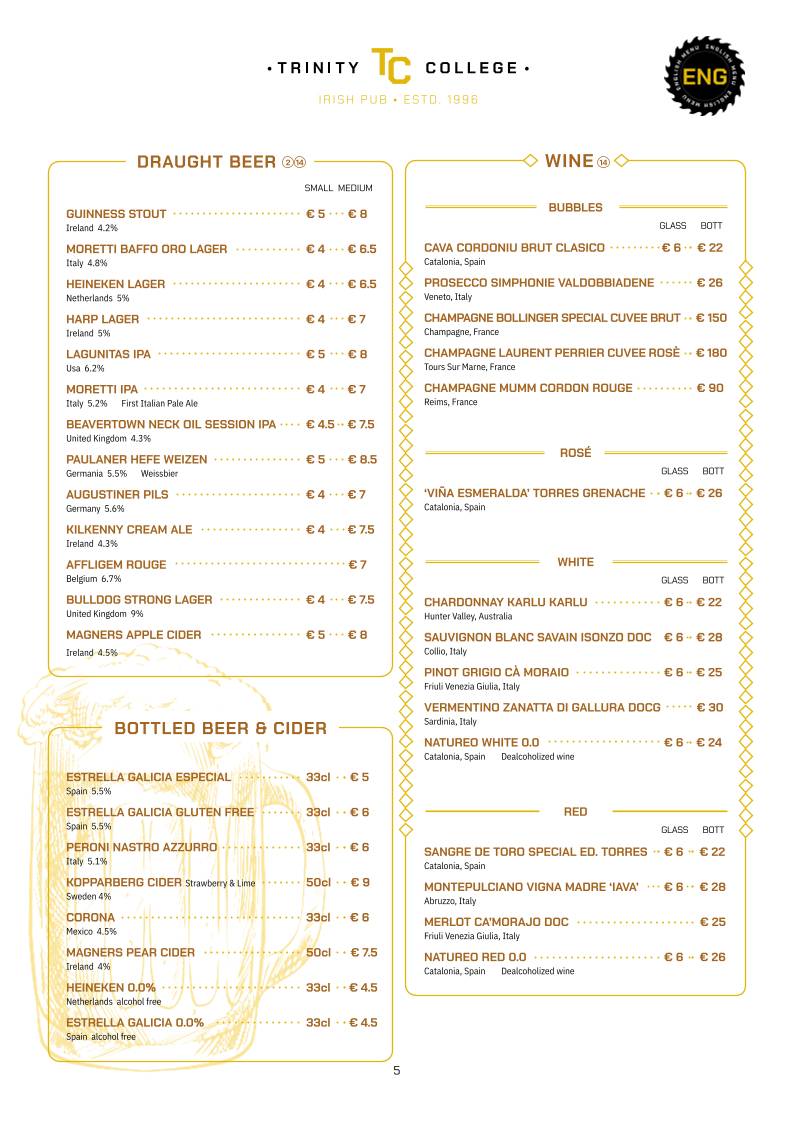 Menu di Trinity College Pub 