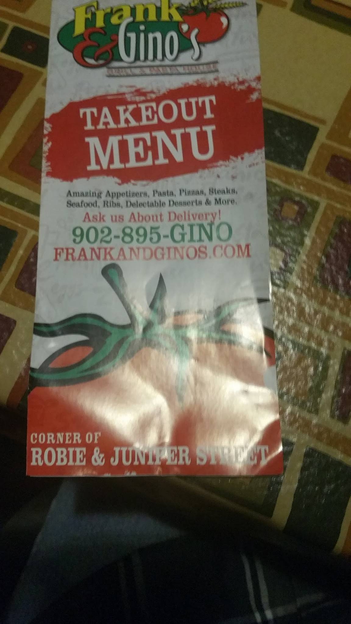 Menu at Frank & Gino's Grill & Pasta House restaurant, Truro
