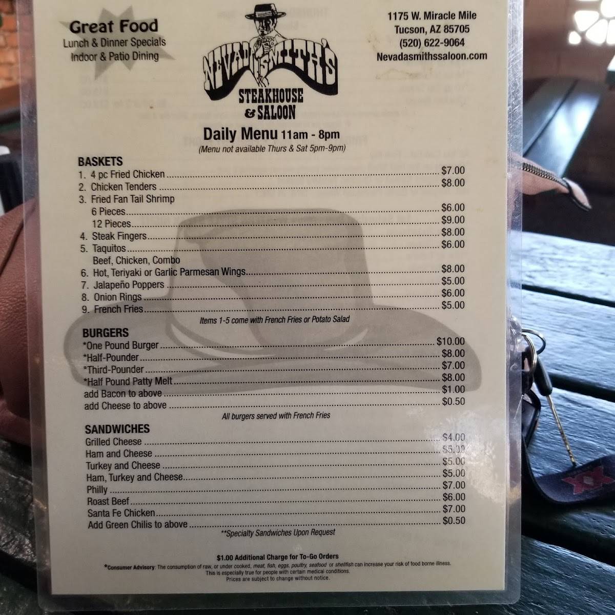Menu at Nevada Smith's Saloon pub & bar, Tucson