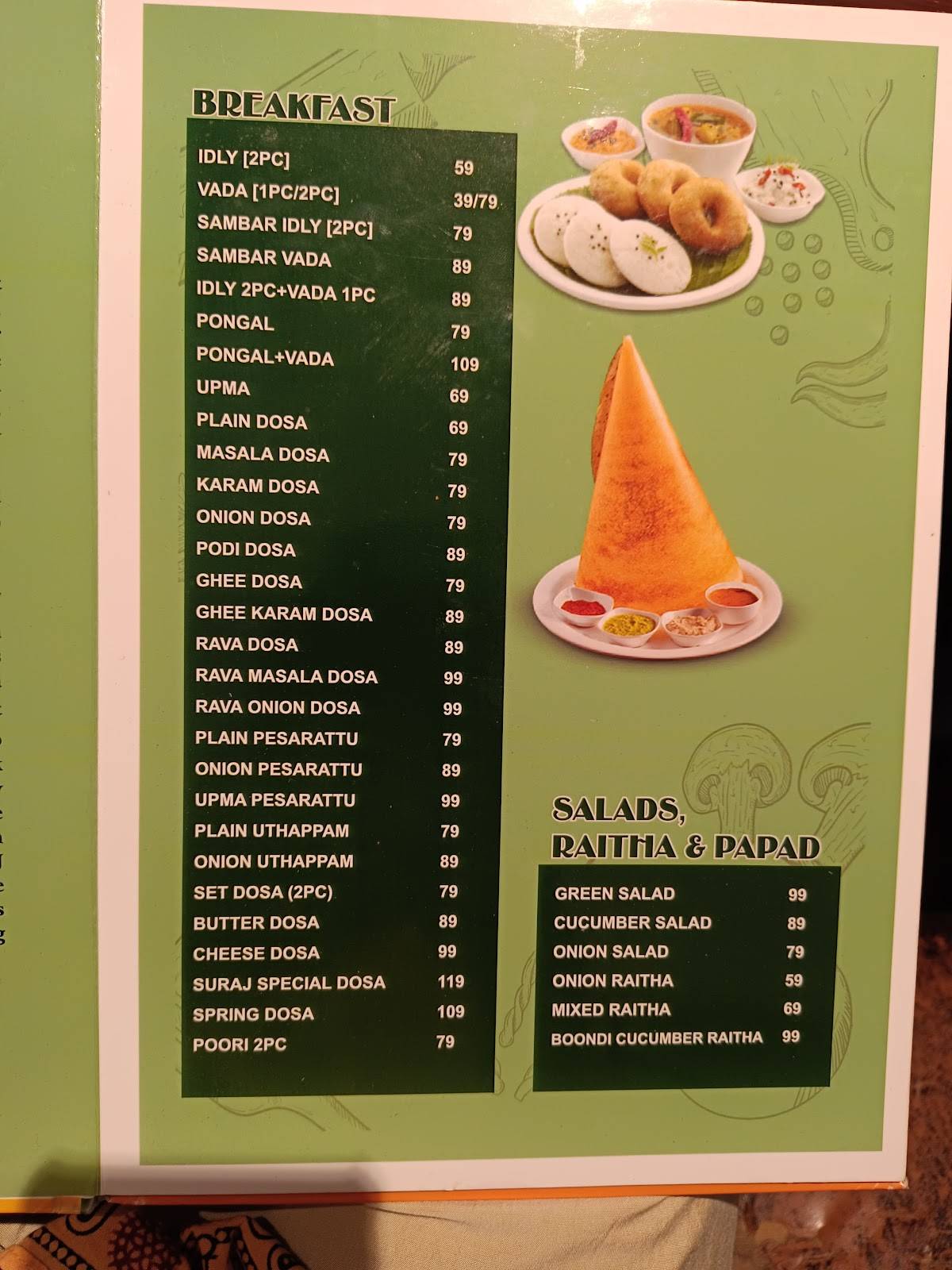 Tulasi Veg Restaurant menu