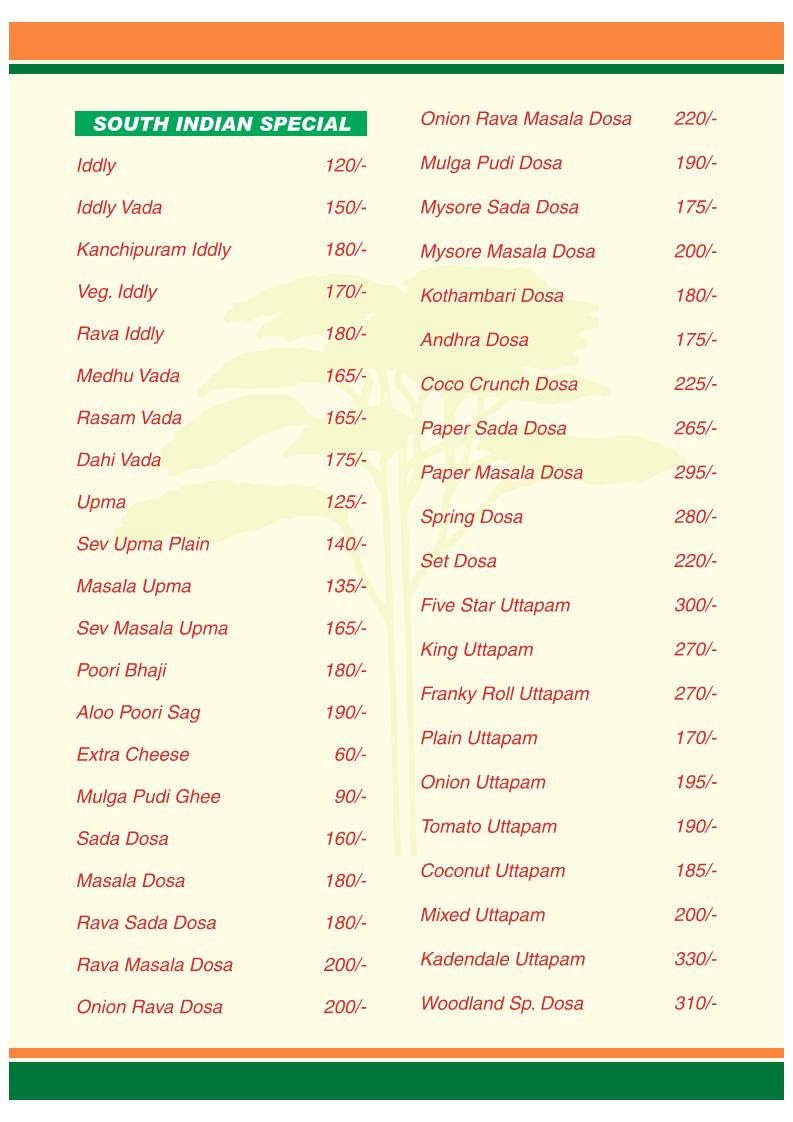 Tulips Woodlands Restaurant menu