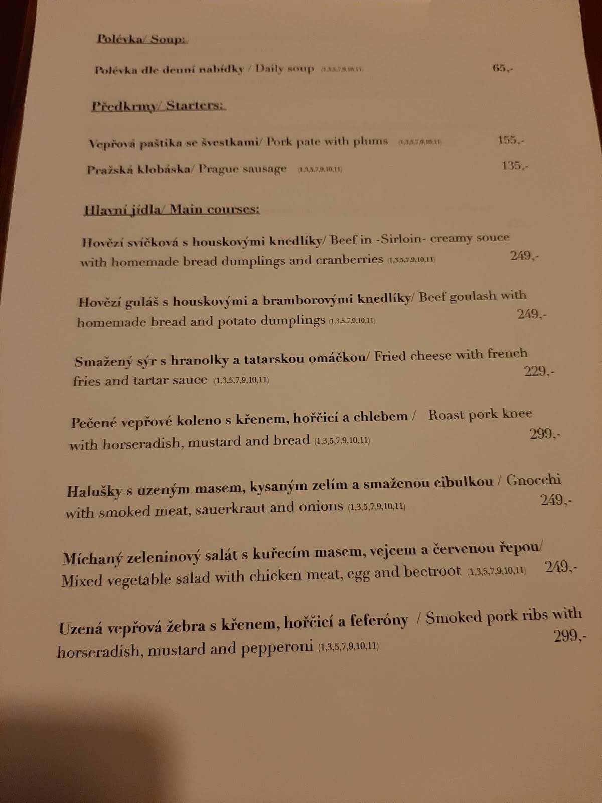 Menu at U Červeného páva restaurant, Prague