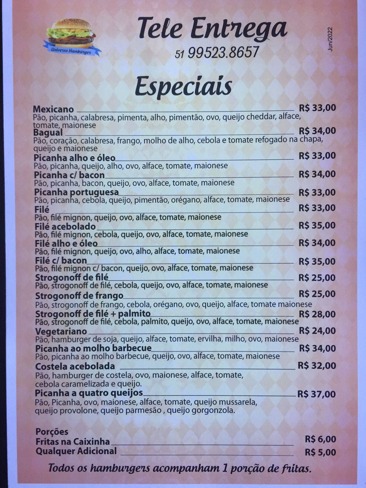Universo Hamburguer cardápio