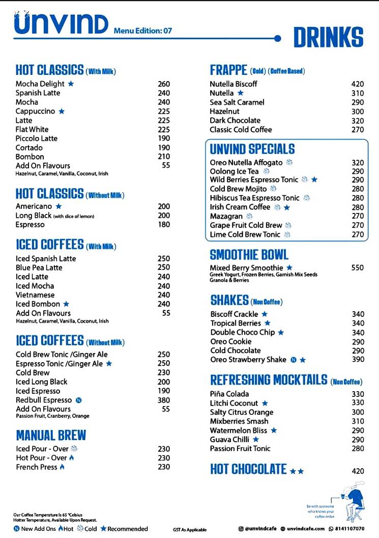 Unvind Cafe menu