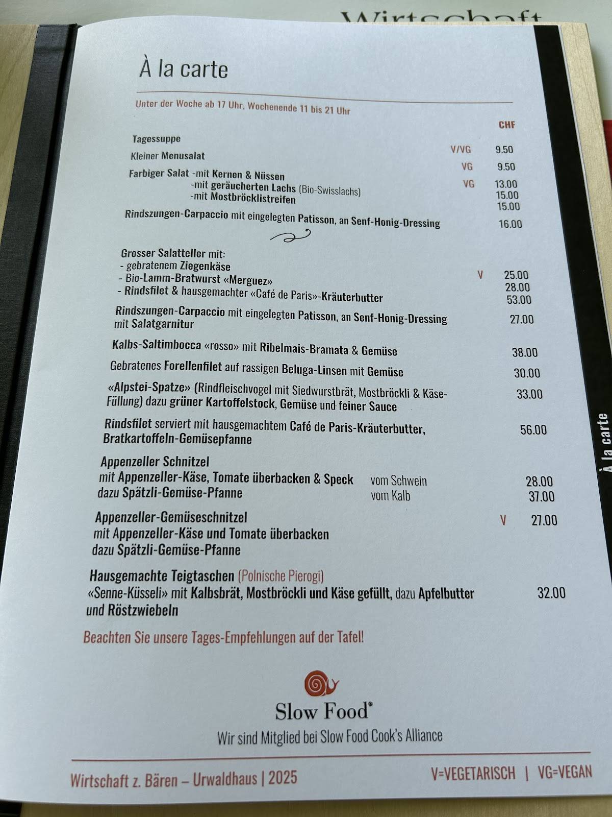 Menu di Urwaldhaus – Wirtschaft zum Bären 