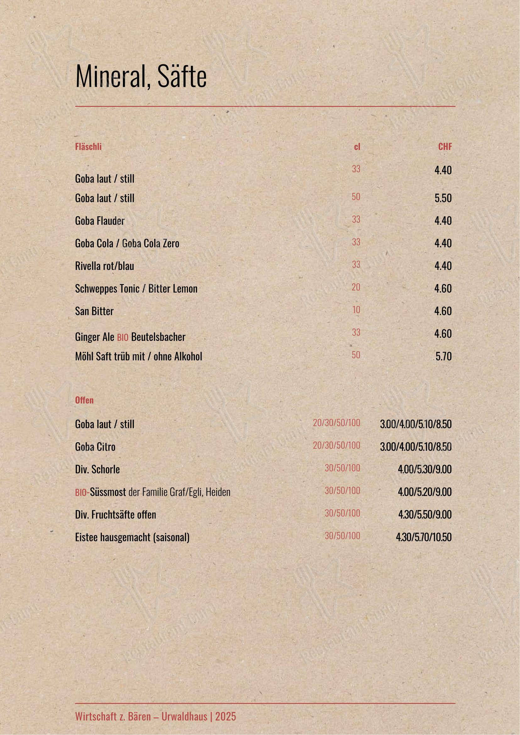 Menu bar per Urwaldhaus – Wirtschaft zum Bären ristorante