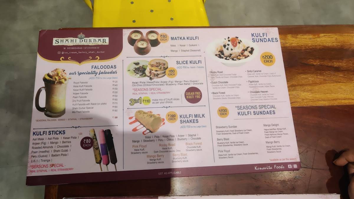 Ice Cream Factory & Shahi Darbar menu