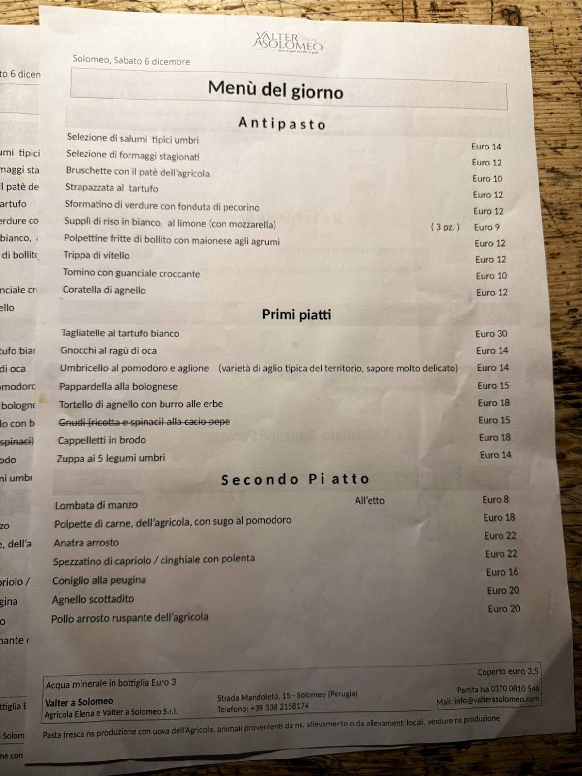 Menu di Valter a Solomeo 