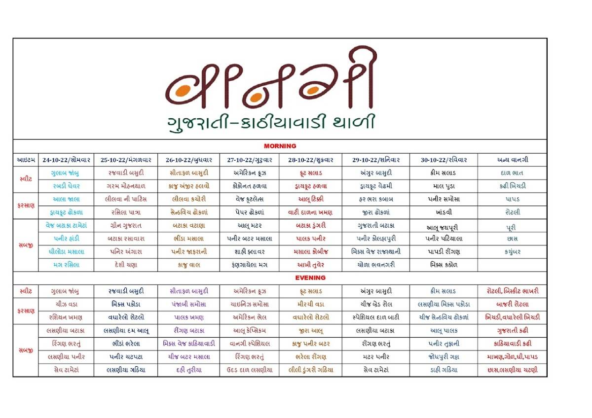 Vangi Dining Hall - Best Restaurants, Gujarati Thali, Veg Restaurants, Gujarati Restaurants menu