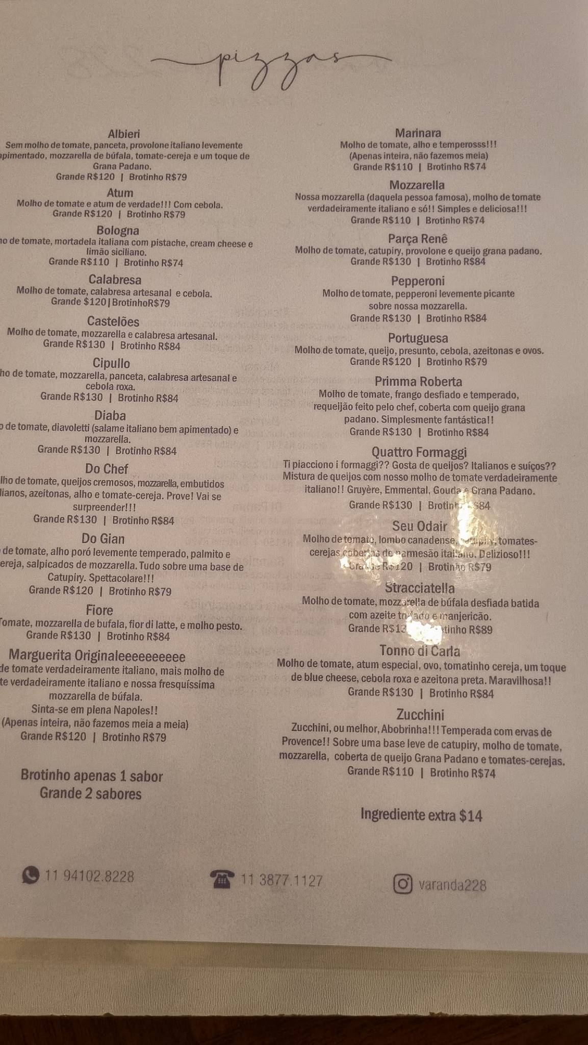 Varanda 228 Pizzeria cardápio