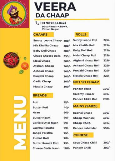 Veera Da Chaap menu