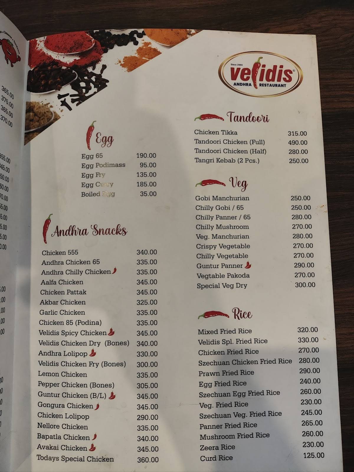Velidis menu