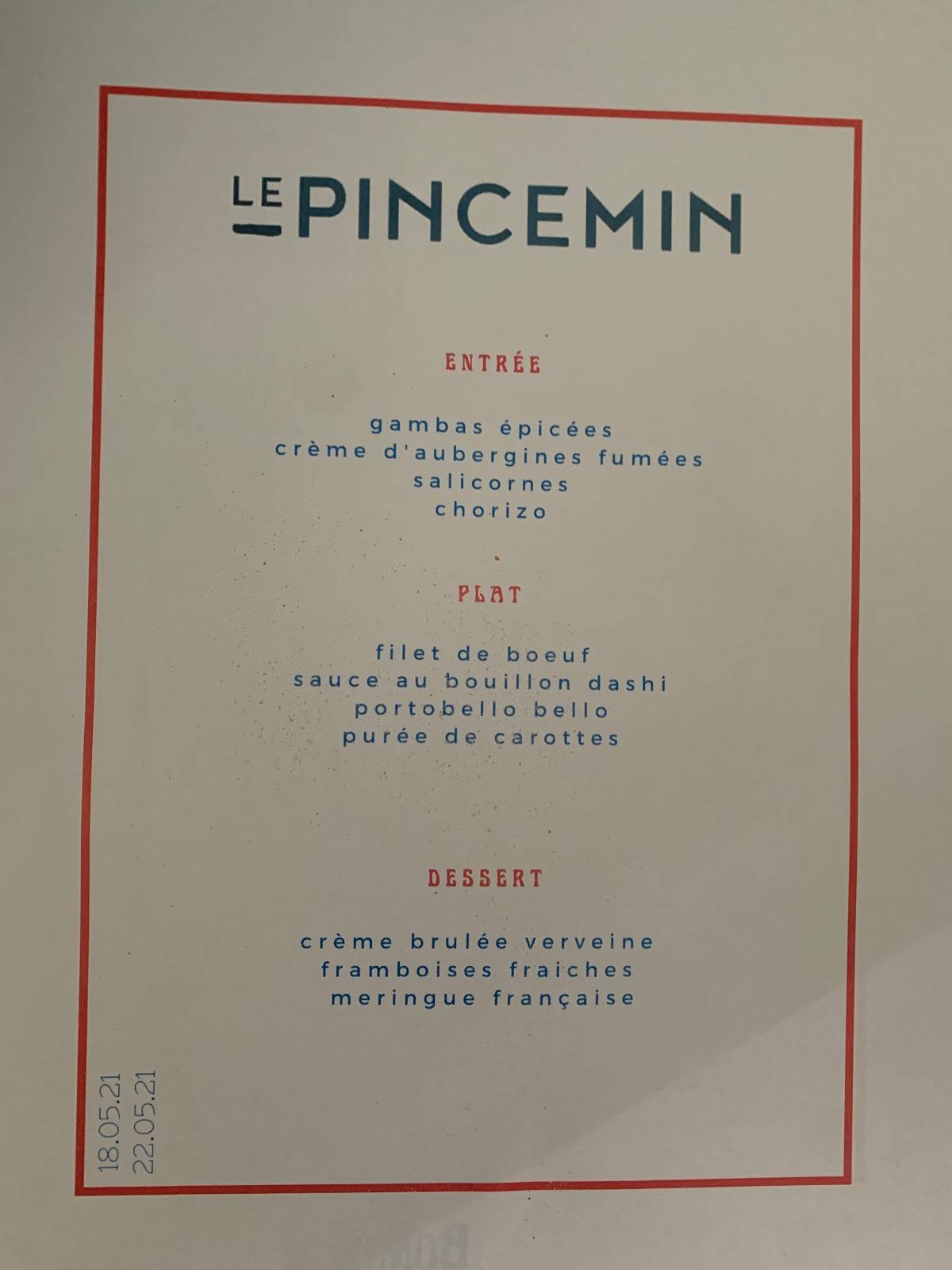 Menu au Le Pincemin restaurant, Versailles