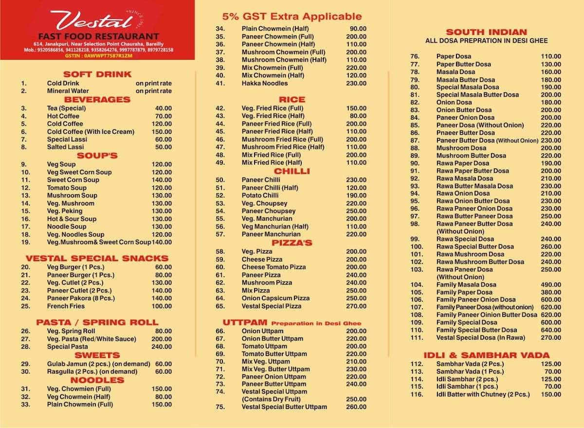 Vestal Restaurant menu