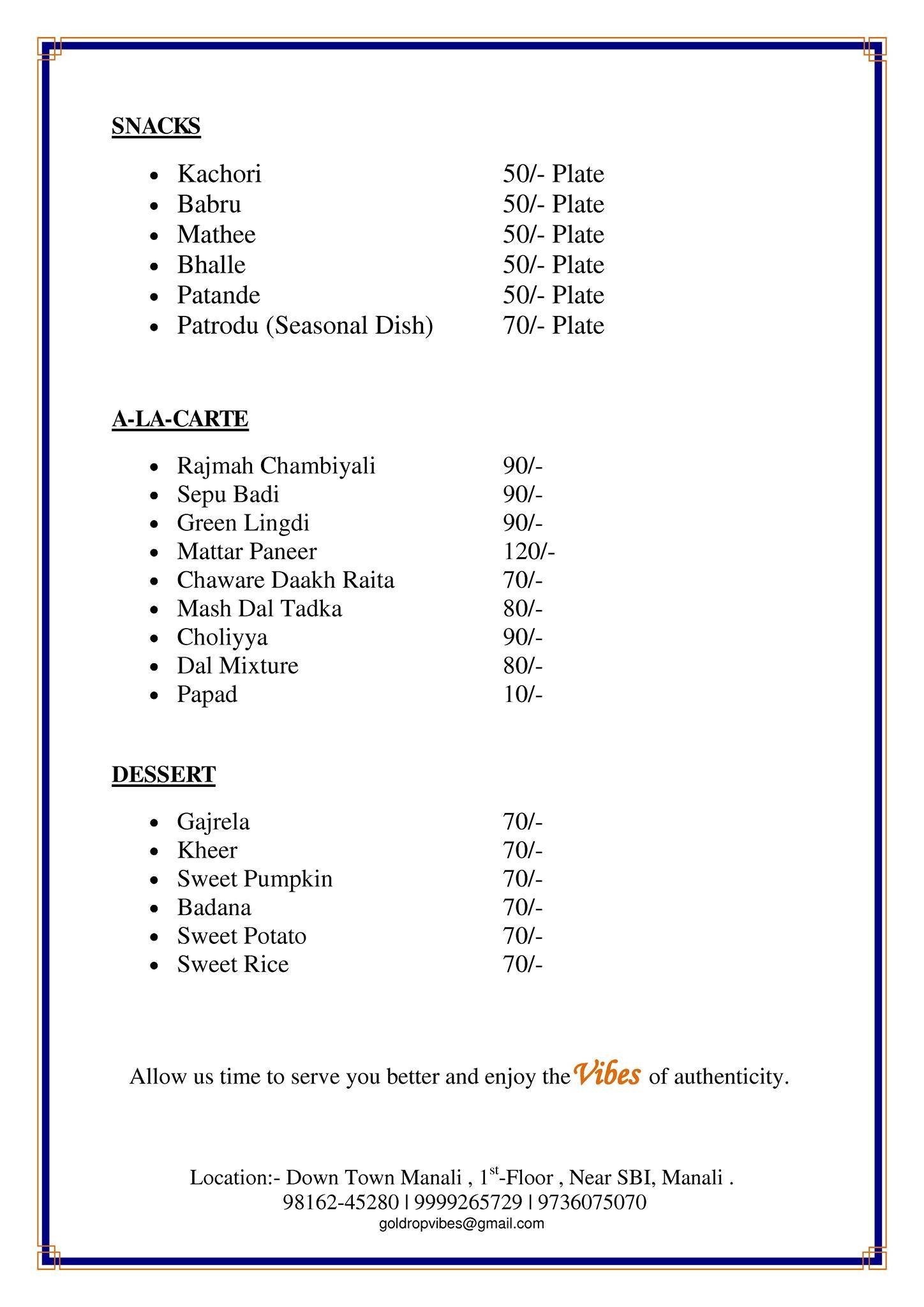 Vibes menu