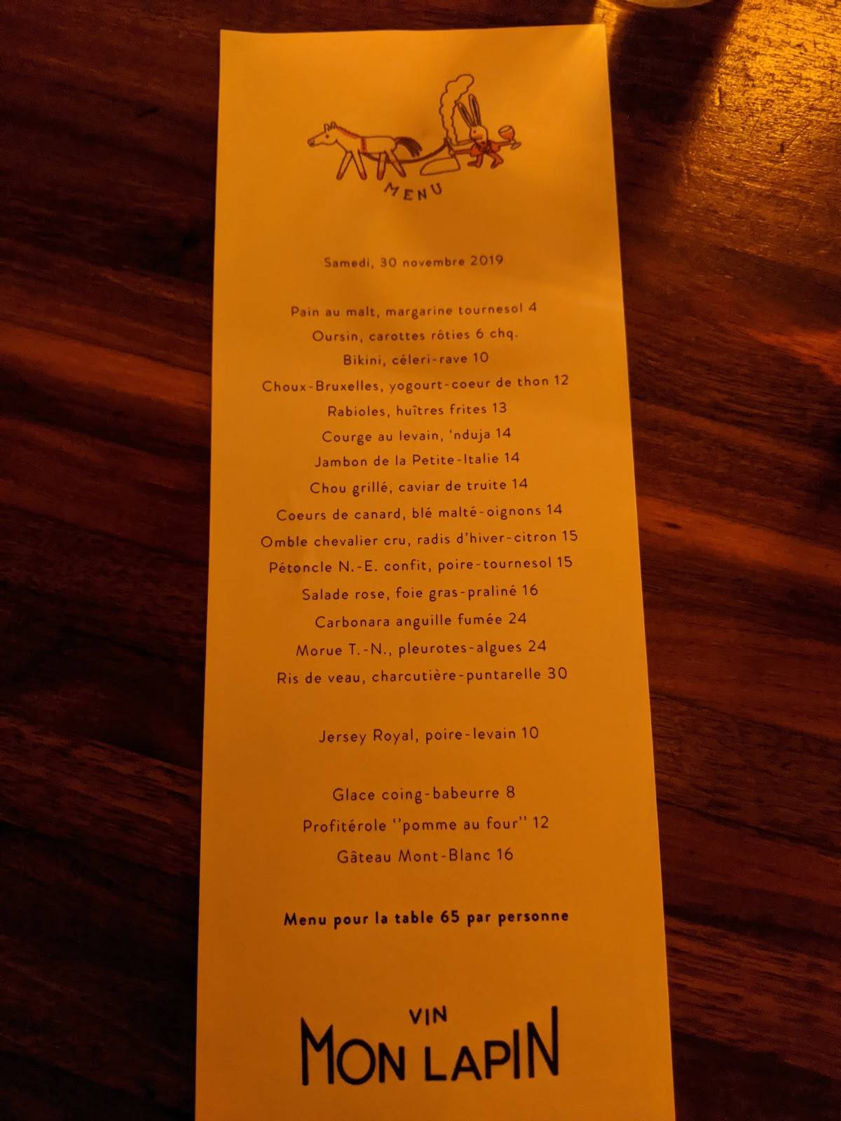 Menu au Mon Lapin pub et bar Montréal