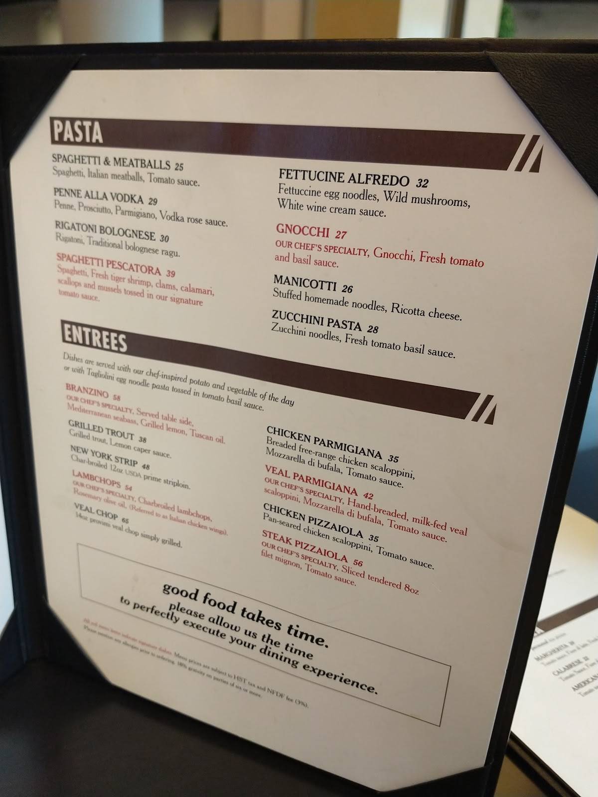 Menu at Vittorio's Italian Eatery restaurant, Niagara Falls