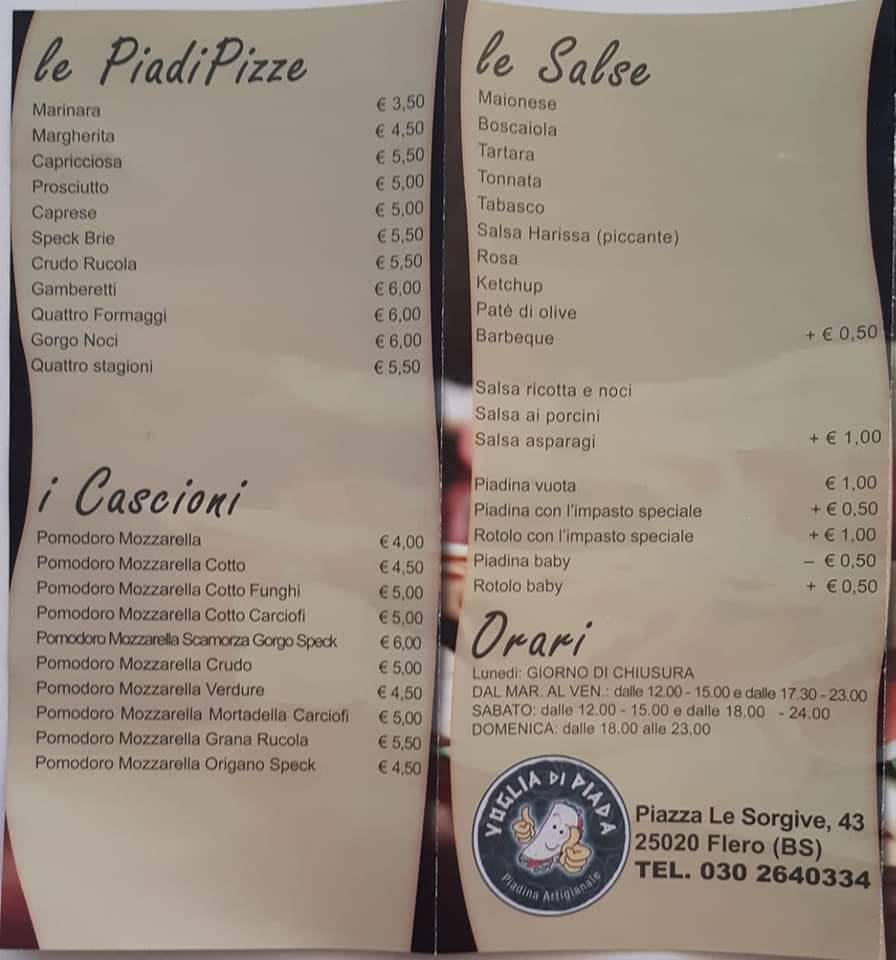 Menu di Voglia Di Piada 