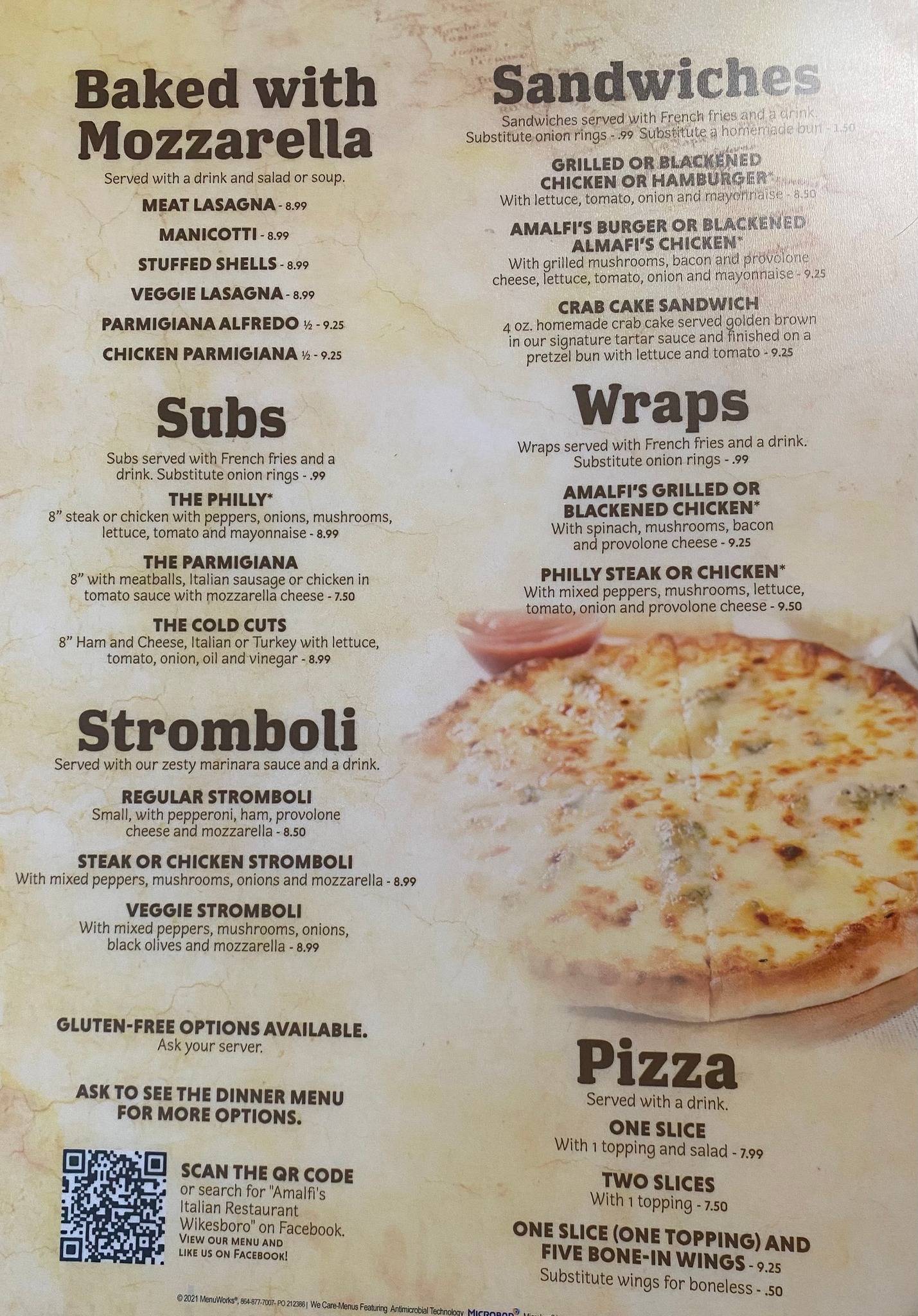 Menu at Amalfis italian restaurant and pizzeria, Wilkesboro