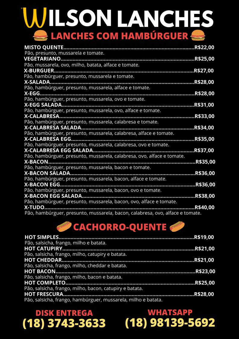 Wilson Lanches cardápio