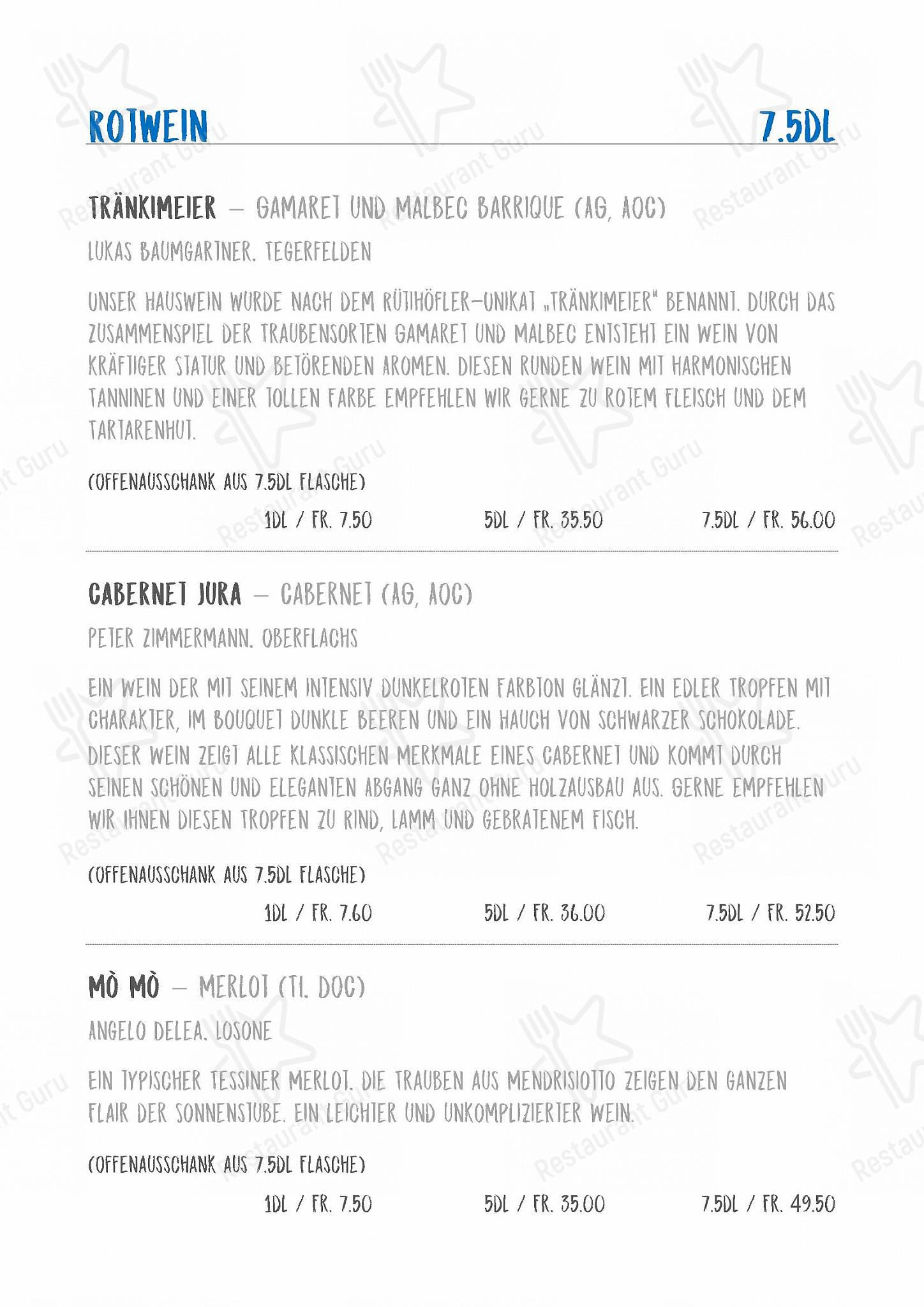 Menu di Restaurant Rütihof, Gränichen