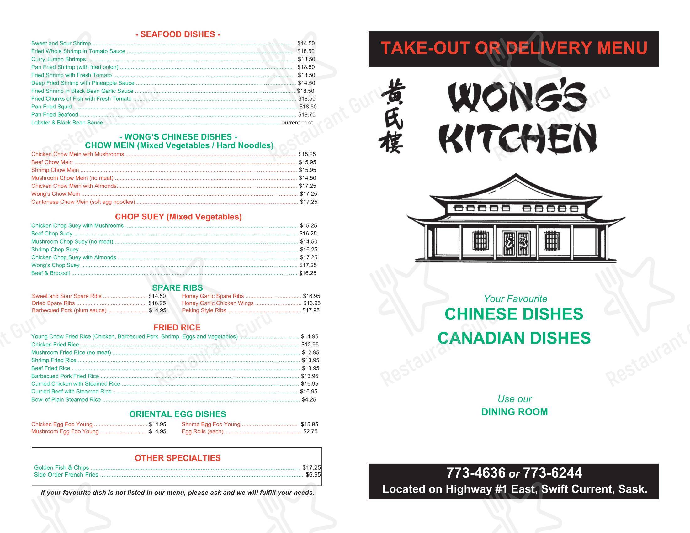 Menu pour Wong's Kitchen dans Swift Current
