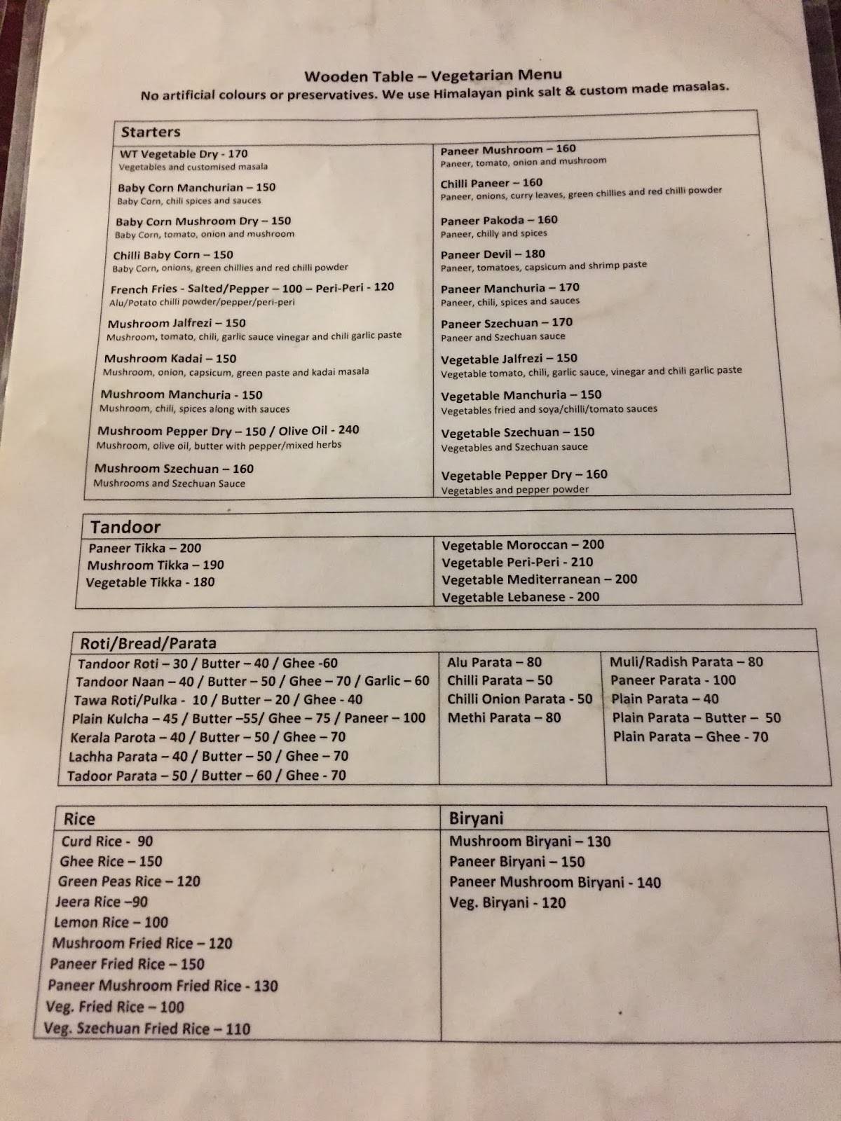 Wooden Table Restaurant menu