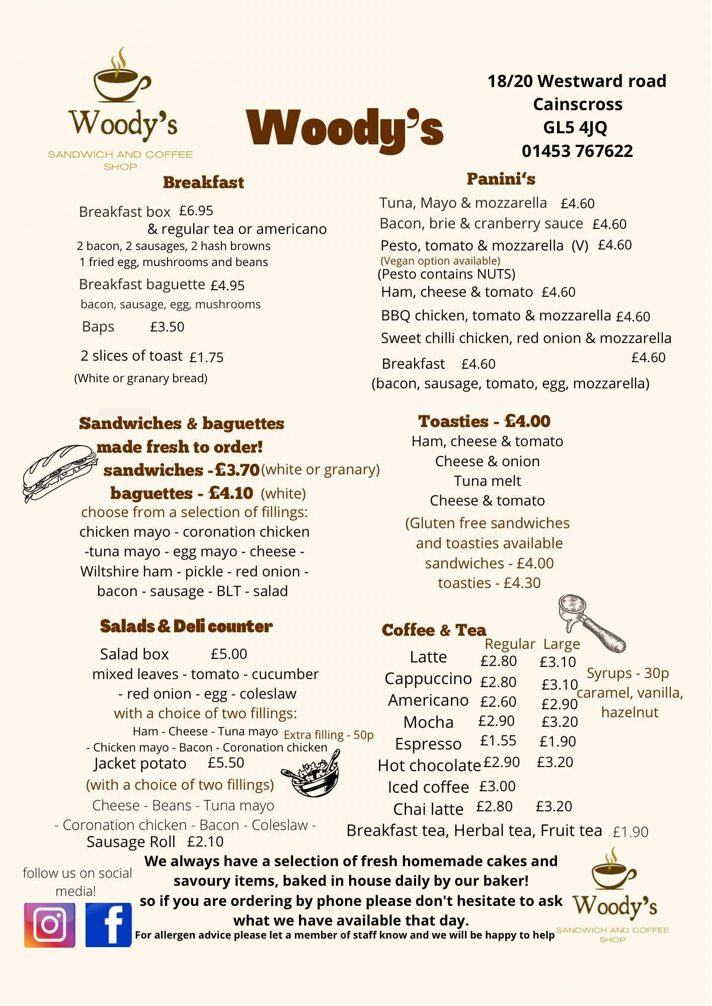 Menu at Woody's cafe, Stroud
