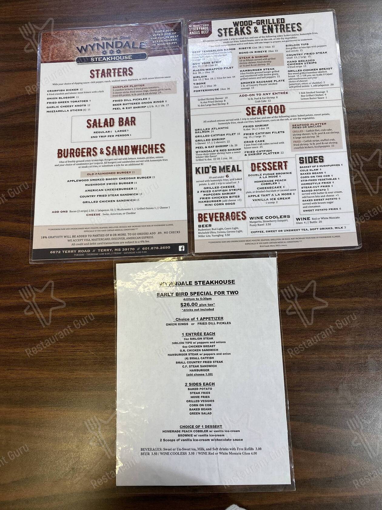 Menu at Wynndale SteakhouseRestaurant, Terry