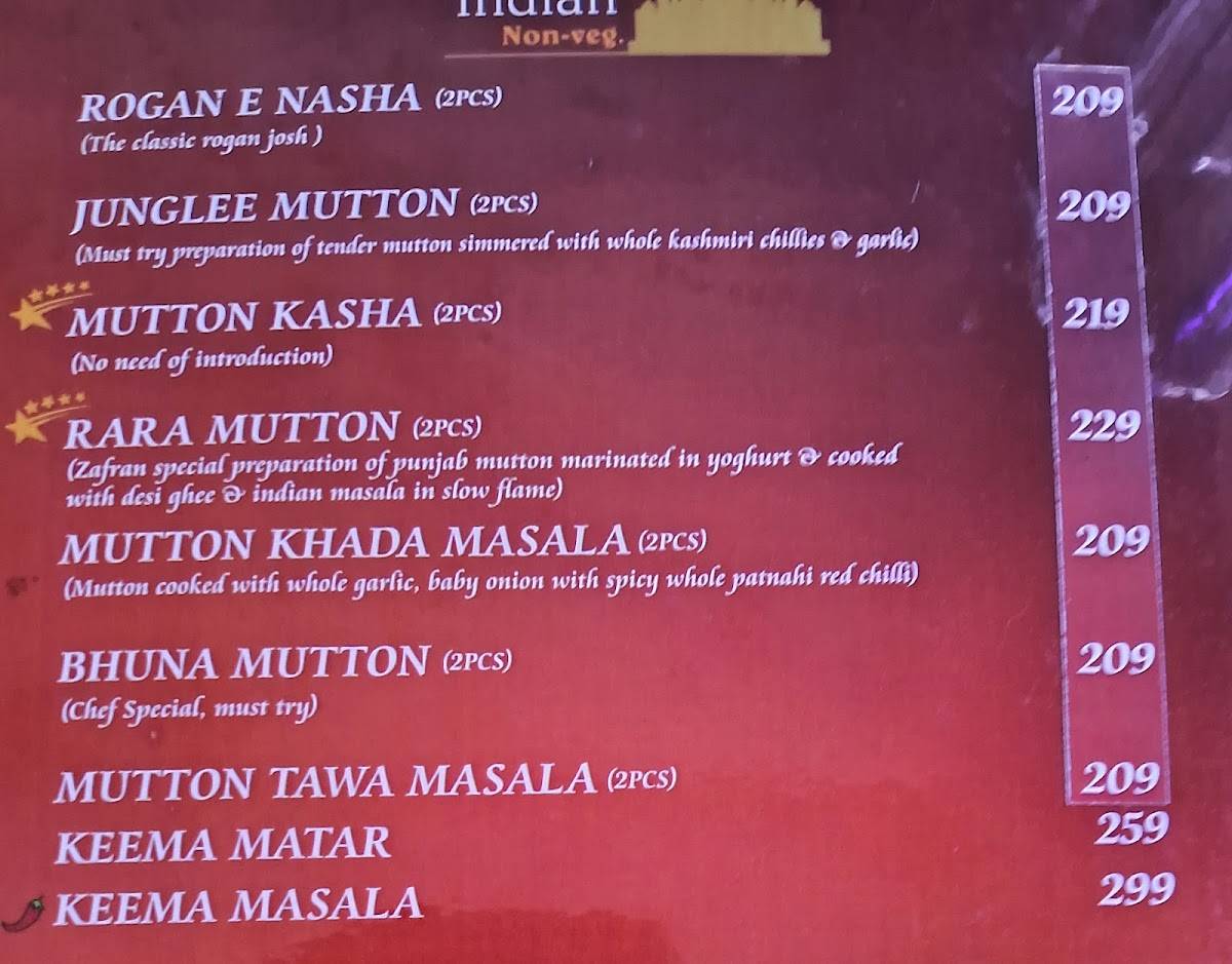 Zafran Restaurant menu