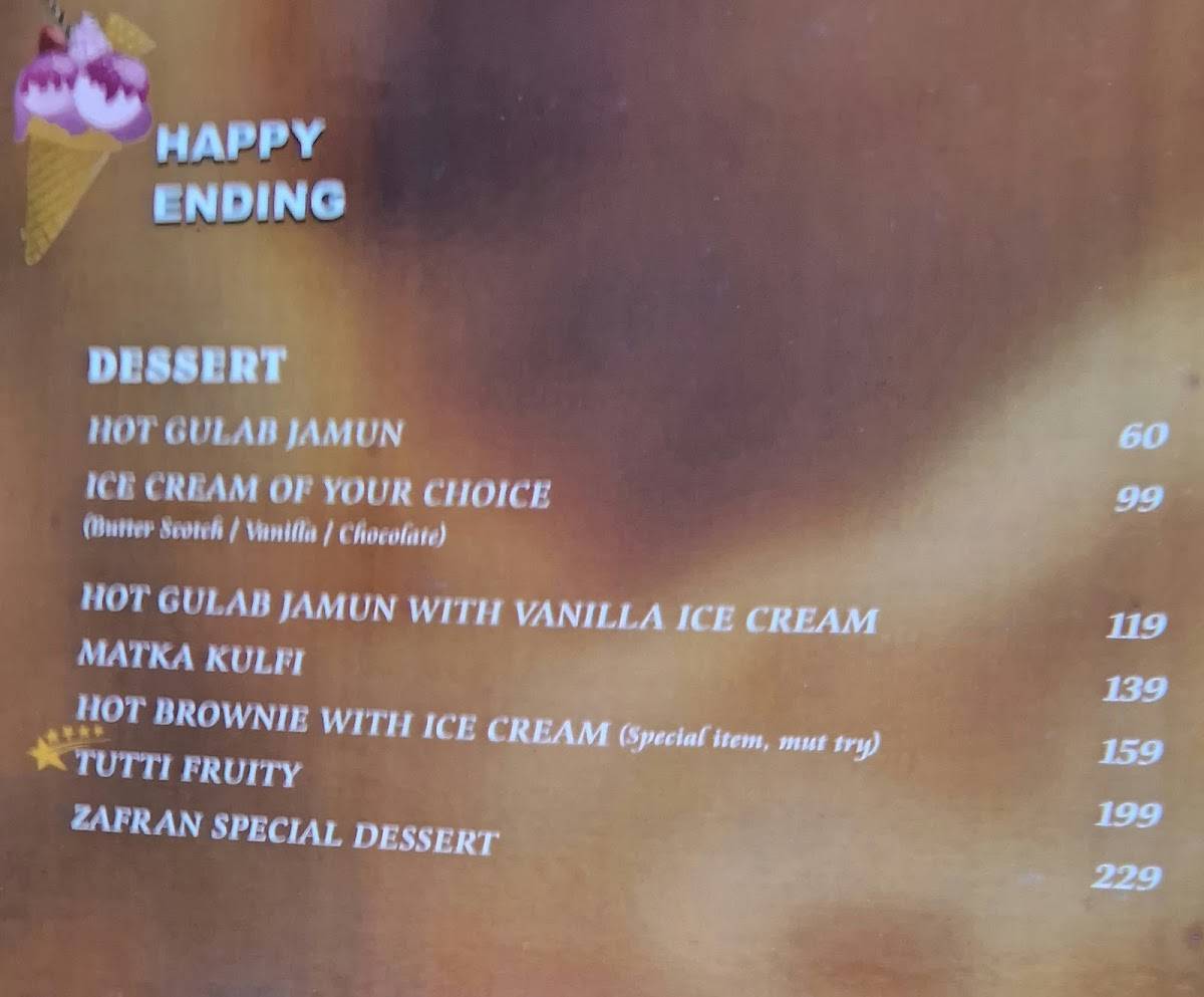 Zafran Restaurant menu