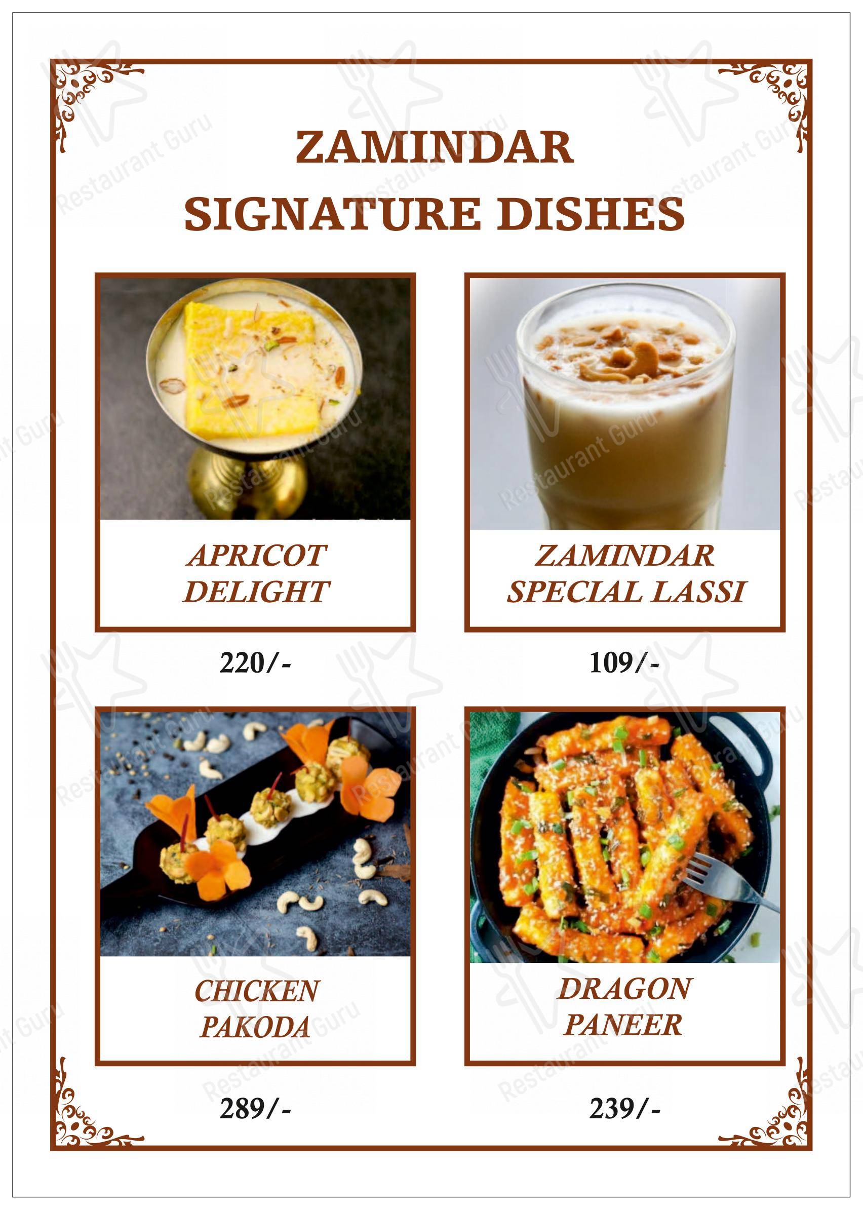 Menu for the Zamindar Restaurant restaurant