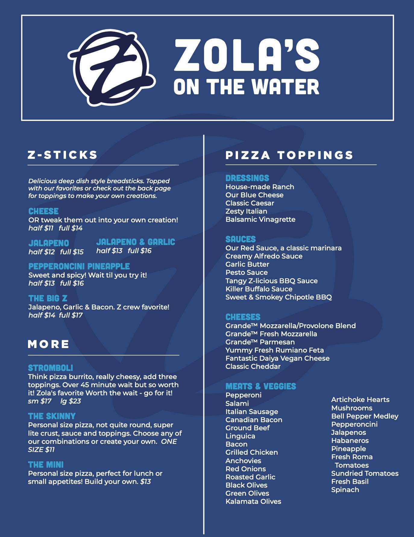 Menu at Zola's on the Water pub & bar, Brookings