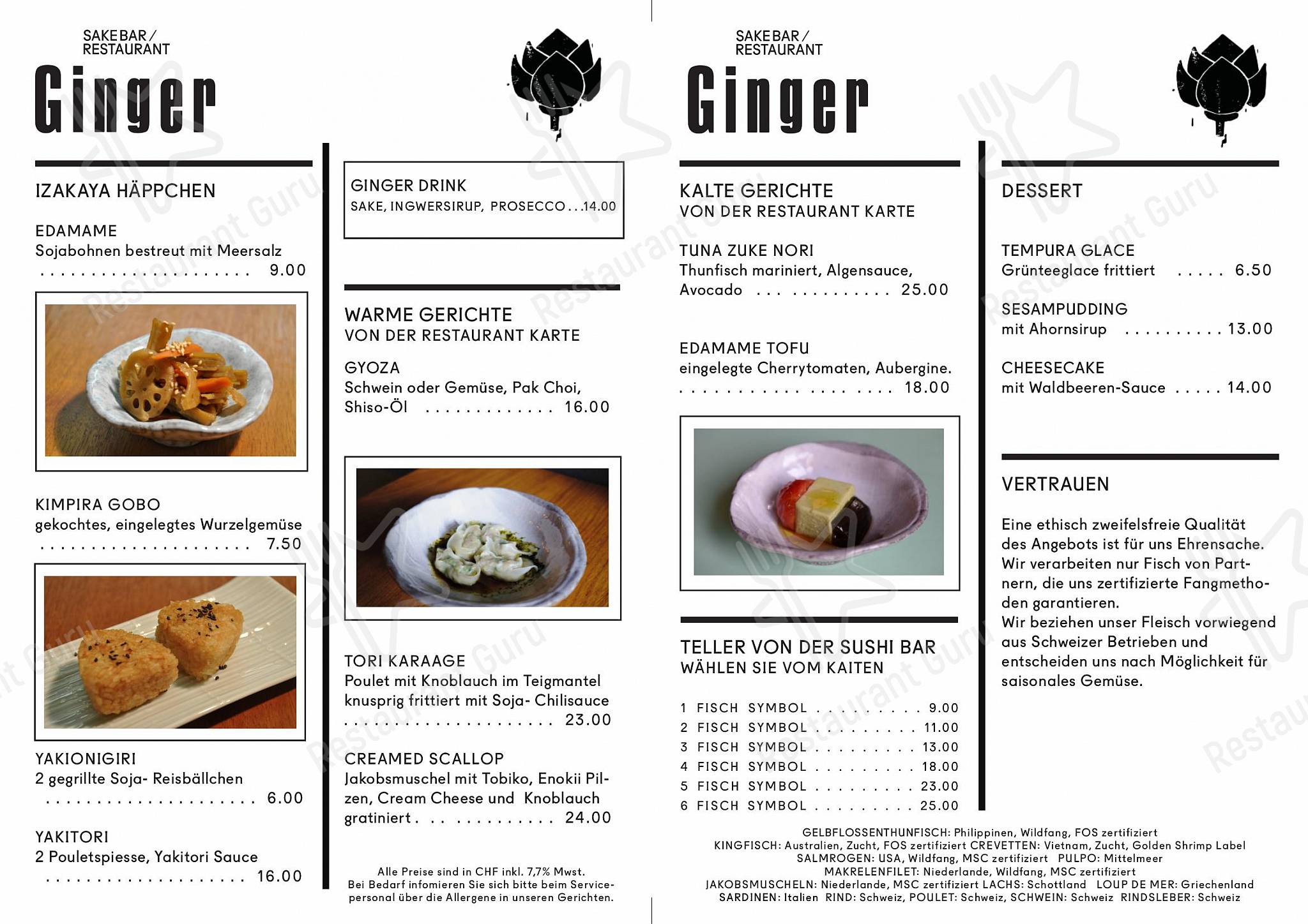 Carte menu pour Ginger Restaurant restaurant