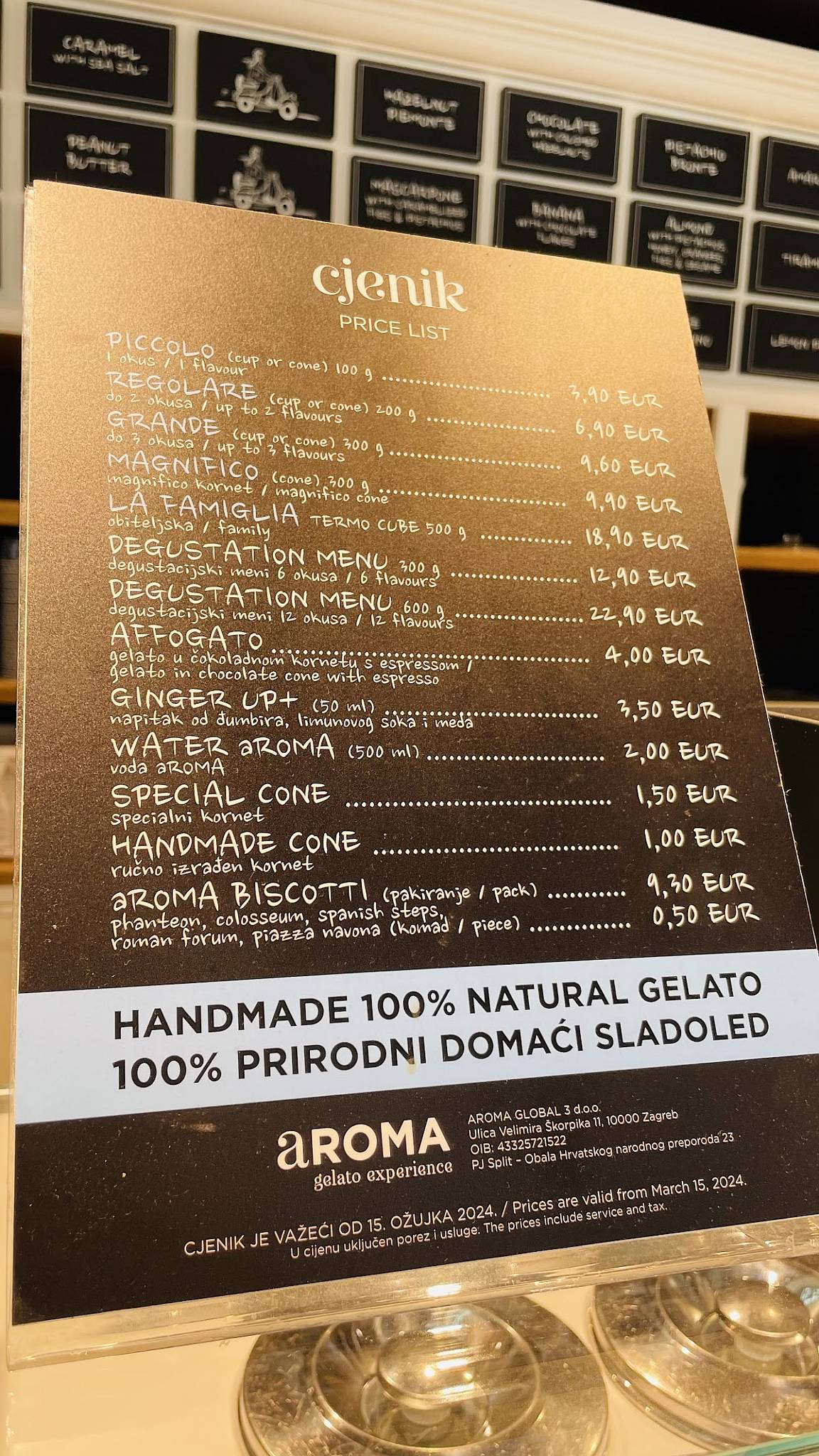 Menu di aROMA gelato experience Boutique Split Mihovilova 