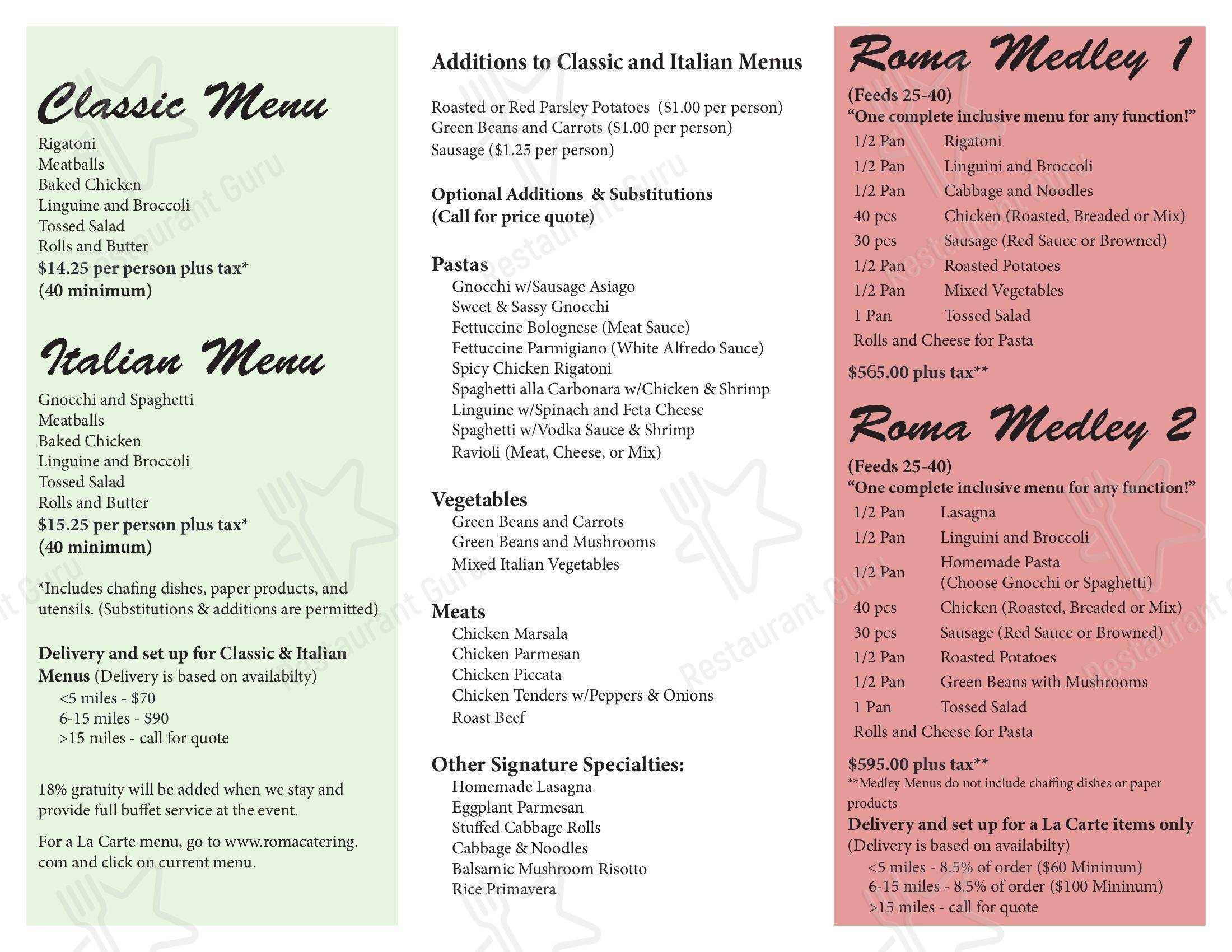 Menu at Roma Catering Aliquippa PA restaurant, Aliquippa