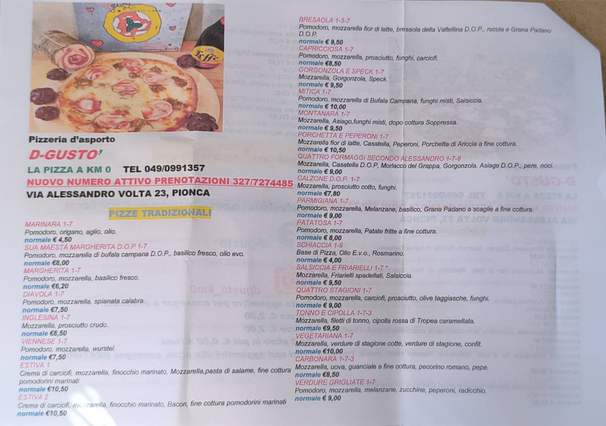 Menu di d-gusto La Pizza A km.0 