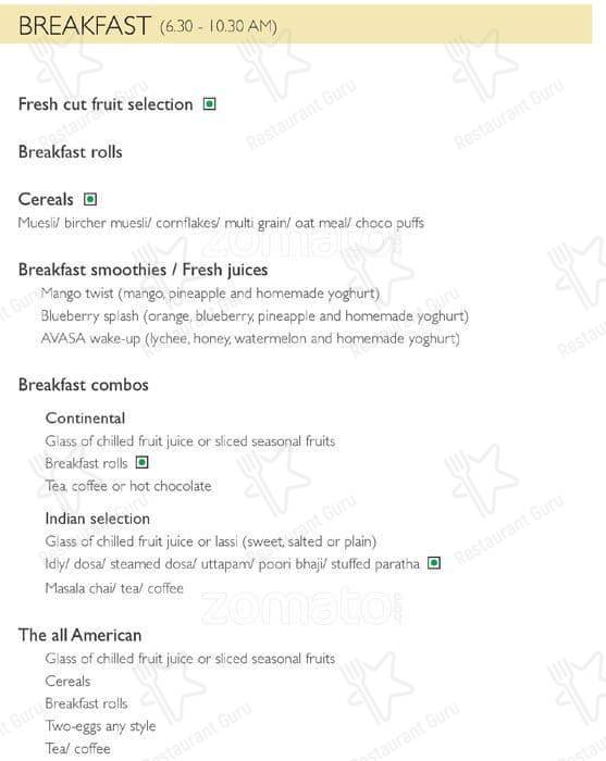 Avasa menu