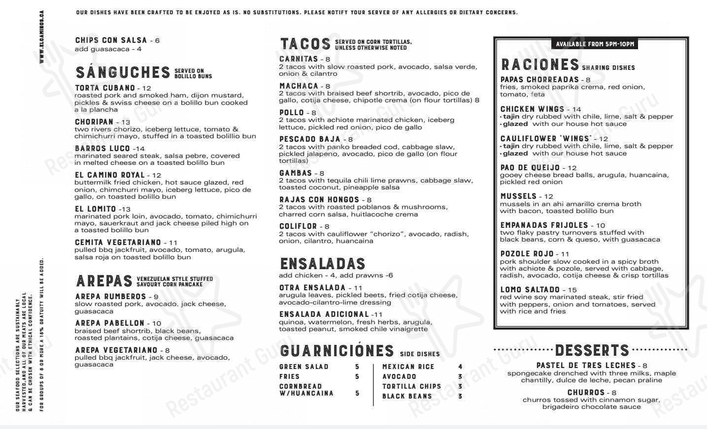 Menu de El Camino's