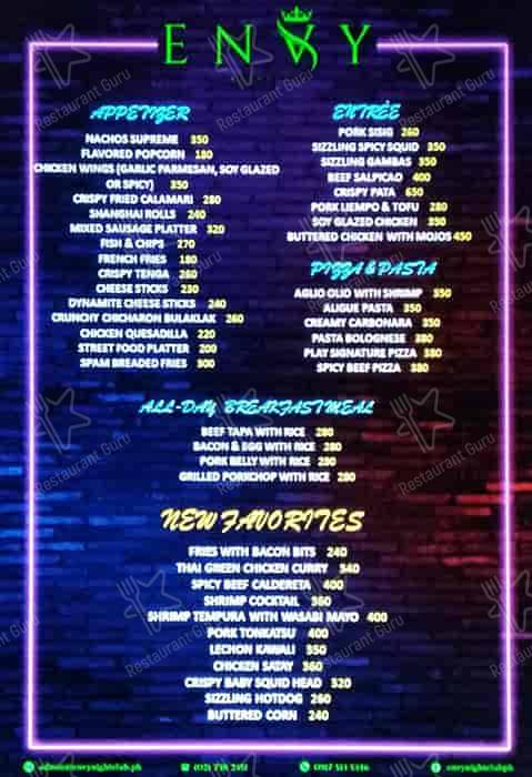 Menu at Envy Nightclub, Quezon City