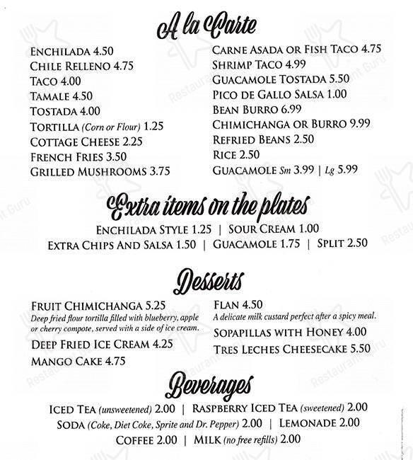 Menu at Los Agaves Restaurant, Green Valley