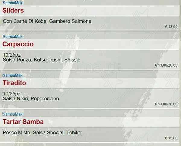 Menu di SambaMaki  Parioli 