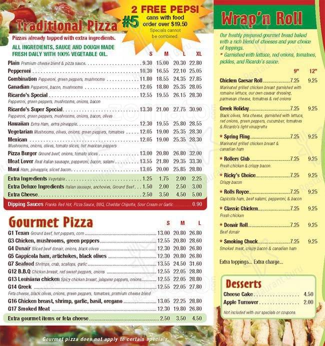 Menu de Ricardo's Pizza