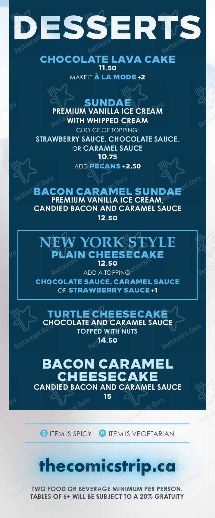 Menu at Rick Bronson's - The Comic Strip club, Edmonton