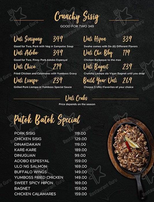 Menu at Yumboss Putok Batok unli seafood, meat & crab restaurant, Makati