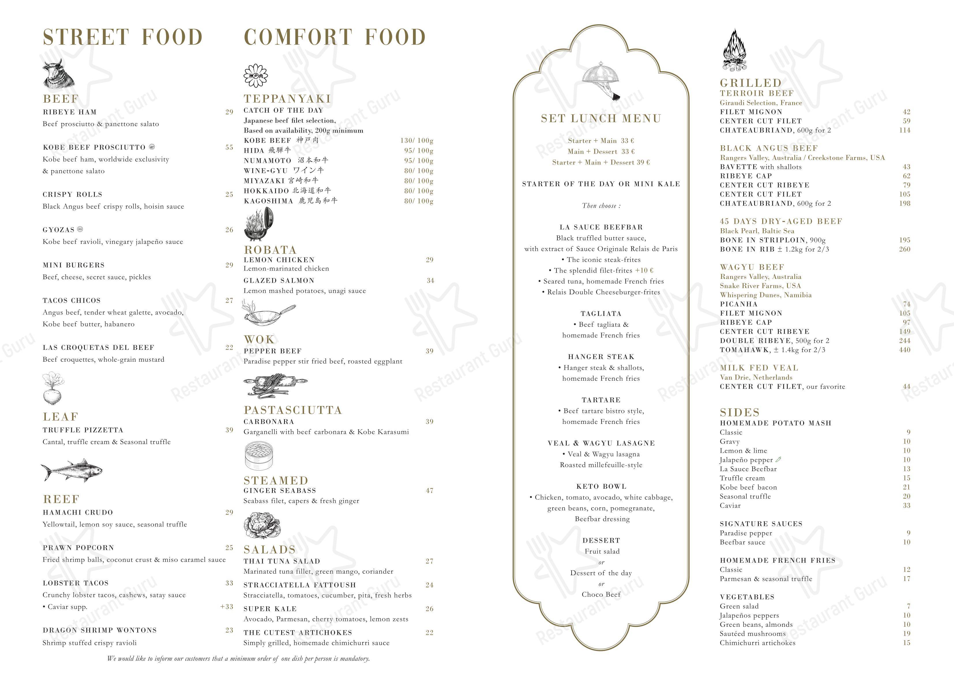 Menu pour Beefbar Paris restaurant à viande