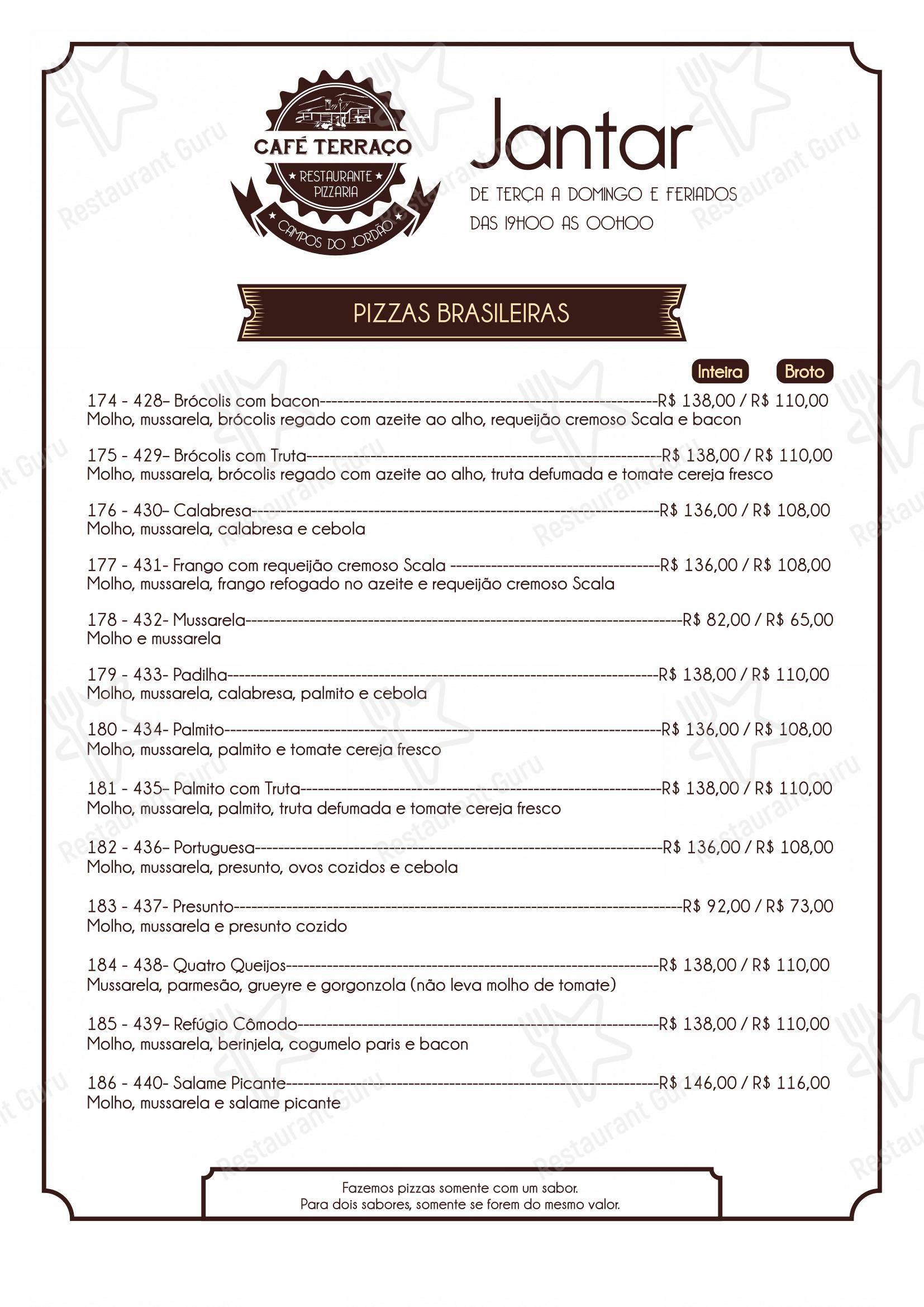 Menu bar para Café Terraço Pizzaria Artesanal e Bistrô pizzaria