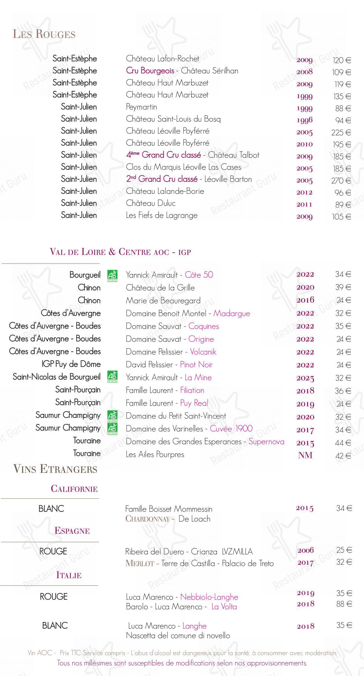 Menu pour La Table du Donjon restaurant