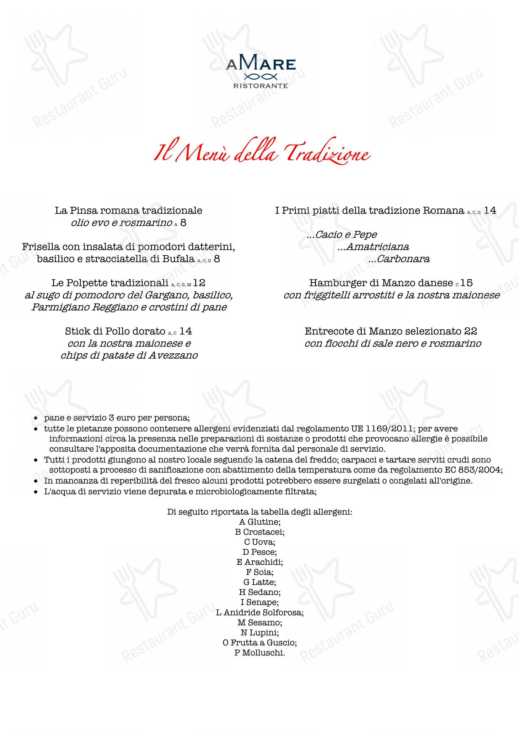 Основное меню per RISTORANTE AMARE ristorante